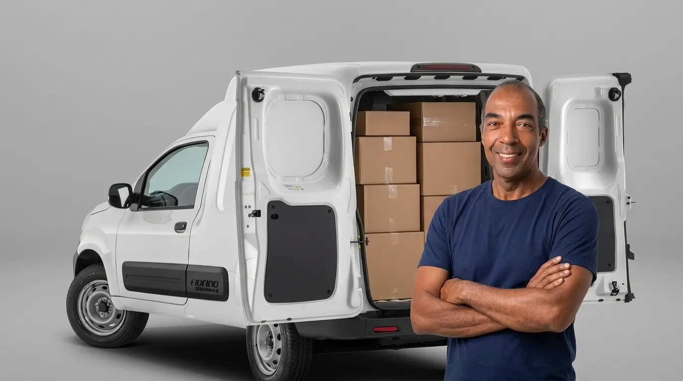 José Maria ao lado da Fiat Fiorino carregada com caixas em Mogi Guaçu