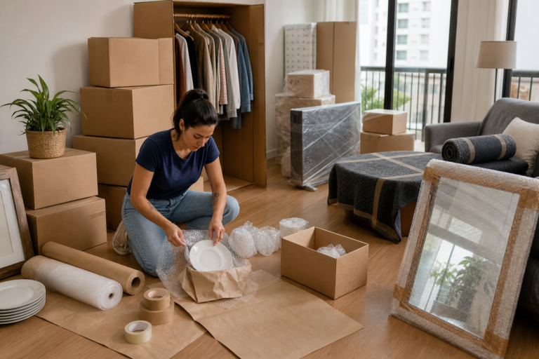 Editorial lifestyle photograph of a neatly organized home move preparation scene in a bright apartment, showing stacked sturdy cardboard boxes, rolls of packing tape, bubble wrap, kraft paper, labels, and protective blankets spread across the floor; a person carefully wrapping plates, glasses, and a framed mirror while nearby an open wardrobe box holds hanging clothes; another area shows wrapped electronics and a coffee table protected with blankets; clean natural daylight, warm neutral tones, realistic details, calm and practical atmosphere, high-resolution, modern Brazilian home interior, no text, no logos, no branding