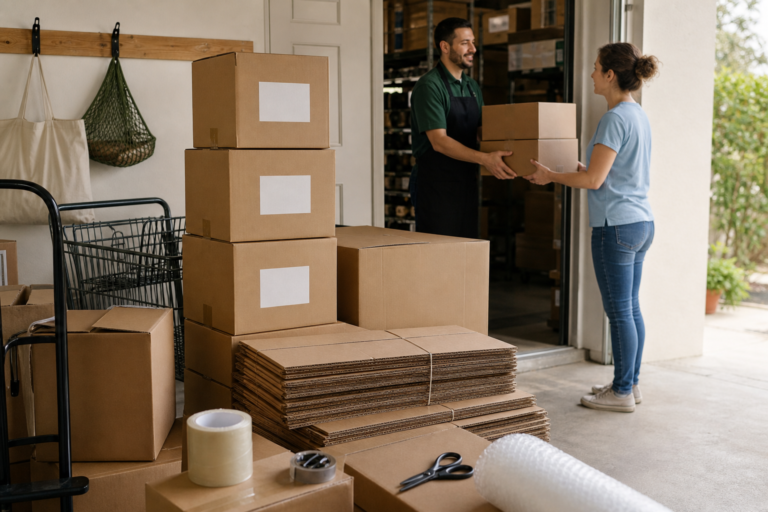 Editorial lifestyle photograph of an organized home move preparation scene in a bright garage or apartment hallway, with a diverse stack of clean, sturdy used cardboard moving boxes in medium sizes, some double-walled and neatly flattened, alongside a few wrapped with packing tape and labeled by room with blank stickers only; nearby are a shopping cart or hand truck, packing tape, scissors, and rolled bubble wrap. In the background, a person politely receiving boxes from a supermarket employee near a back stockroom area, subtly suggesting free boxes from grocery and retail stores. Warm natural light, realistic textures, tidy composition, practical and economical mood, high-detail documentary style, no visible text, logos, or branding.