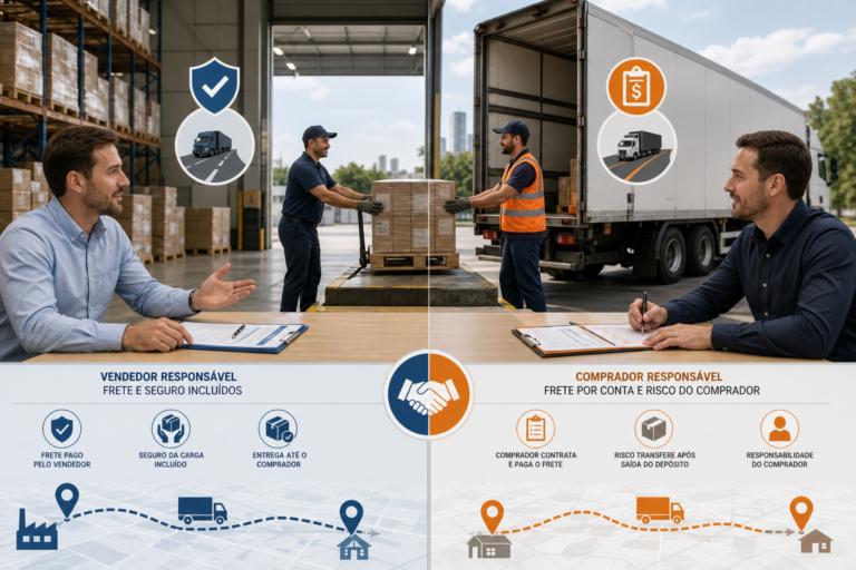 Editorial-style illustration of a logistics negotiation in a Brazilian warehouse: a split scene showing two freight arrangements, one side with a seller covering transport and insurance, cargo moving smoothly to a buyer with freight included; the other side with a buyer arranging and paying for the truck, taking responsibility once goods leave the dock. Include pallets, cardboard boxes, a delivery truck, clipboard documents, and subtle visual cues of responsibility transfer such as a handoff at the loading bay and a route line on a map. Clean modern corporate aesthetic, realistic yet polished, neutral industrial colors with blue and orange accents, soft natural lighting, high detail, no text, no logos, no branding, wide composition suitable for a business article cover.