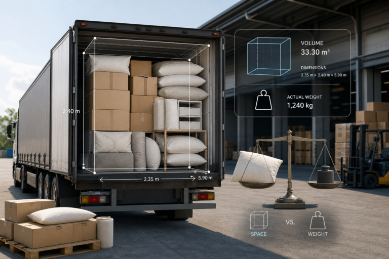 Editorial-style logistics illustration of a freight truck loading bay with neatly arranged packages, boxes, and lightweight bulky items like pillows and cushions taking up visible space, emphasizing volumetric shipping rather than weight; include a subtle technical overlay of transparent measurement lines, dimensions, and cubic volume indicators around the cargo, with a scale icon and balanced composition suggesting “space vs. weight.” Clean modern corporate aesthetic, realistic 3D render mixed with infographic elements, bright natural lighting, neutral warehouse background, crisp details, professional transportation theme, no text, no logos, no branding.