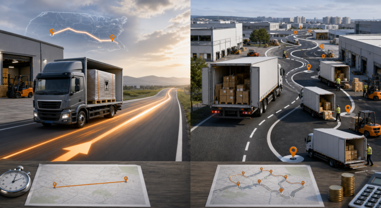 Editorial-style logistics scene illustrating the choice between dedicated and shared freight: a modern delivery truck on a split roadway, one side showing a single vehicle carrying a large, fragile palletized load with direct route arrows and a short fast path, the other side showing a larger truck with multiple mixed packages from different clients being loaded and unloaded at several stops, emphasizing cost efficiency and longer route; include subtle warehouse and distribution center elements, forklifts, pallets, shipping boxes, route maps, and timing cues through composition rather than text; clean corporate aesthetic, realistic 3D illustration, professional lighting, high detail, neutral blue-gray and orange palette, no logos, no captions, no watermark, wide composition for a blog header image