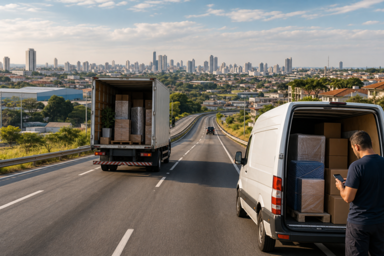 Editorial-style logistics scene in southeastern Brazil showing a moving truck and a freight van traveling on a modern highway between a smaller interior city and a larger urban center, with subtle visual cues of home moving and business freight: stacked cardboard boxes, wrapped furniture, pallets, and a driver checking a route on a smartphone. In the distance, blend low-rise industrial buildings and suburban houses with the skyline of a larger city under warm daylight, suggesting a short regional transport route. Clean, realistic composition, professional transport-company atmosphere, high detail, natural colors, wide-angle perspective, no text, no logos, no branding.