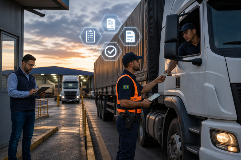 Editorial-style logistics scene on a modern Brazilian highway checkpoint at dusk, showing a freight truck being inspected by a highway officer while digital document icons float subtly above the vehicle, representing a consolidated electronic transport manifest, accompanying invoice and transport document, and real-time fiscal authorization; include a transport company dispatcher in the background reviewing paperwork on a tablet, warehouse and road freight environment, clean corporate color palette of blues, grays, and orange safety accents, realistic lighting, high detail, professional commercial photography look, no text, no logos, no branding