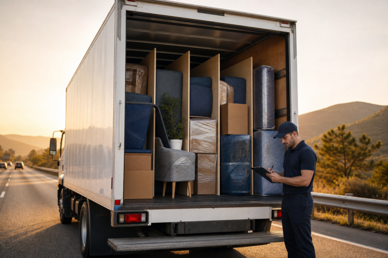 Editorial-style photo of a professional moving truck on a highway at golden hour, with several carefully wrapped household furniture loads visibly separated in the cargo area to suggest shared transport, a mover in uniform checking an inventory clipboard beside labeled boxes and protected furniture, conveying cost savings, organization, and flexibility; clean modern composition, realistic lighting, high detail, warm natural tones, subtle commercial photography aesthetic, no text, no logos, no branding.