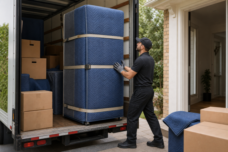 Editorial-style photo of a residential move in progress, showing a large refrigerator carefully wrapped in protective moving blankets and secured upright inside a moving truck, with straps holding it in place and cardboard boxes around it; a mover in work gloves is positioning the appliance gently near a home doorway, conveying careful handling and appliance safety. Clean realistic lighting, modern documentary composition, high detail, practical home-transport theme, no text, no logos, no branding.