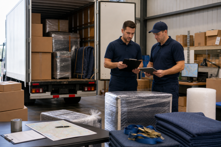 Editorial-style photograph of a long-distance household move being carefully prepared for interstate transport: a medium-sized moving truck parked in a warehouse loading bay, several tightly wrapped furniture pieces, stacked cardboard boxes, protective blankets, straps and bubble wrap visible, two professional movers checking an inventory clipboard and a transport contract on a clipboard/tablet, subtle suggestion of a map or route planning on a desk in the background, clean organized logistics atmosphere, emphasis on planning, documentation, safety, and distance. Realistic lighting, high detail, professional corporate photography, natural colors, wide composition, no text, no logos, no branding.