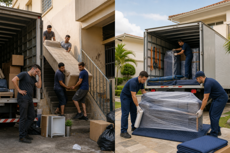 Editorial-style scene of a residential moving decision: a split composition showing on one side a stressed homeowner and a few friends awkwardly carrying a heavy sofa down a narrow staircase beside a rented moving truck, with scattered boxes, a scratched wall, and a sense of fatigue; on the other side, a professional moving team in matching work clothes carefully wrapping, lifting, and loading furniture into a clean truck with straps and blankets, conveying efficiency and protection. Suburban Brazilian home setting, realistic details, warm natural daylight, subtle contrast between DIY chaos and professional organization, high-quality photorealism, dynamic but balanced composition, no text, no logos, no branding.