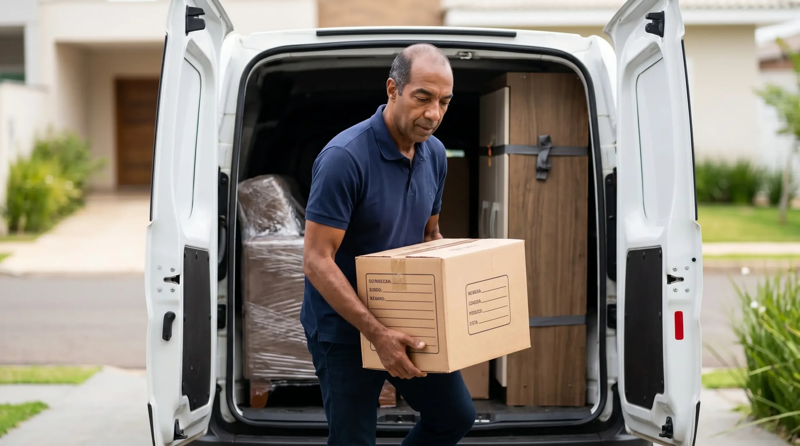José Maria carregando móveis e caixas na Fiat Fiorino durante uma mudança em Mogi Guaçu