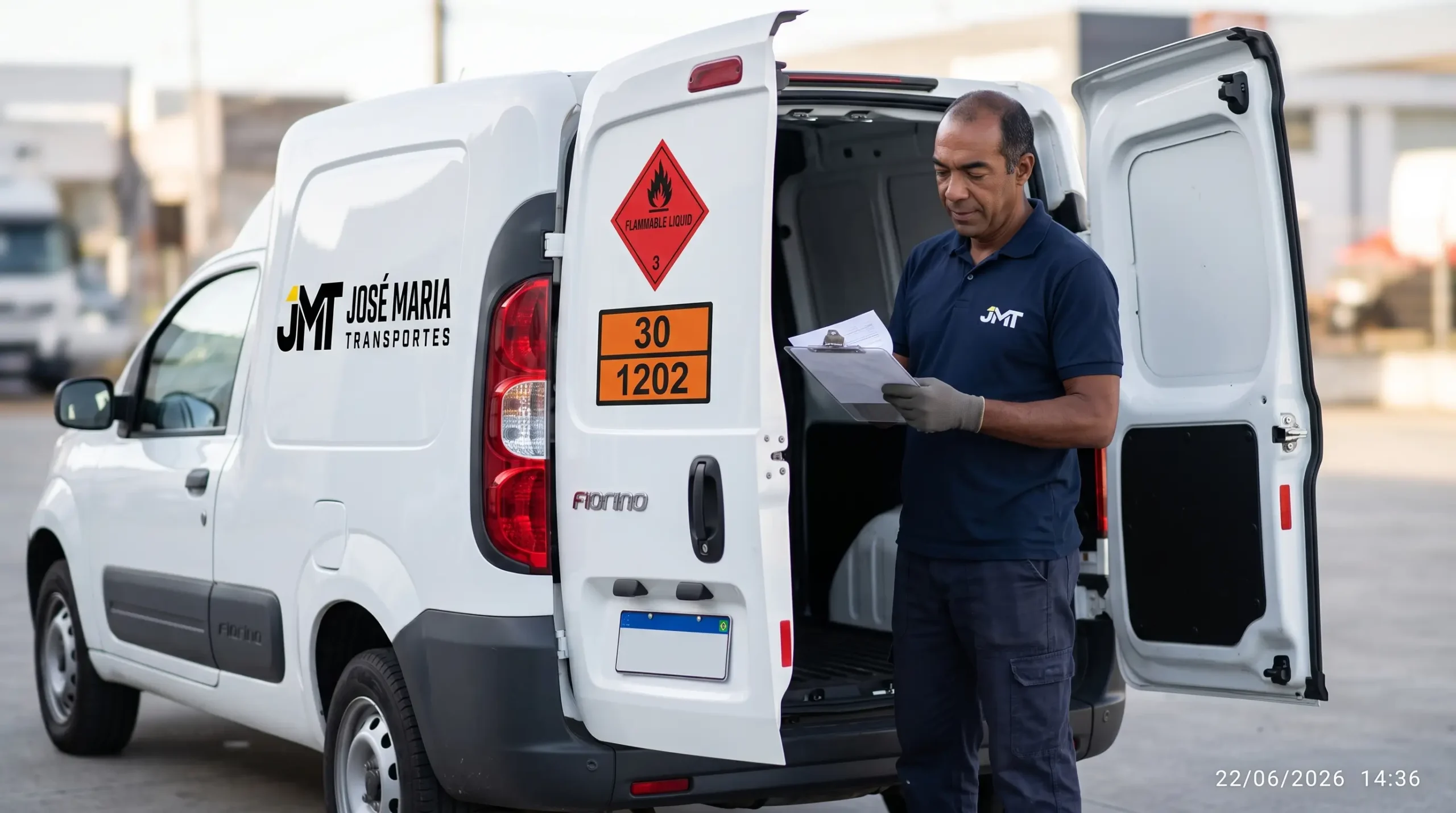 José Maria, da JMT, acomodando com cuidado embalagens de produtos químicos na Fiat Fiorino em Mogi Guaçu