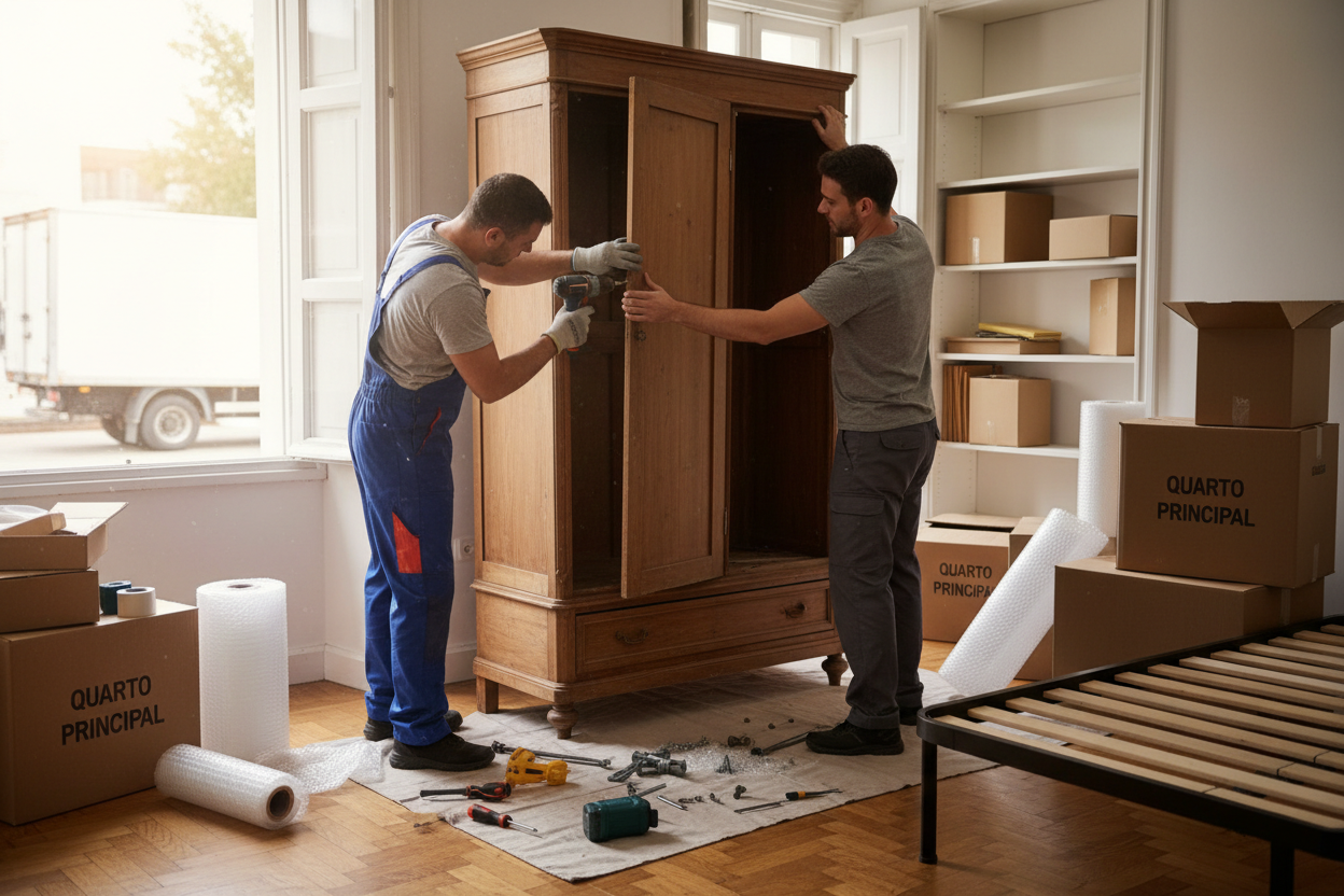 Dois trabalhadores desmontando guarda-roupa de madeira dentro de uma casa