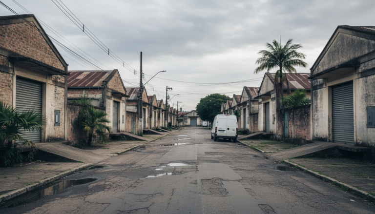 Rua de distrito industrial com galpões e van de carga estacionada