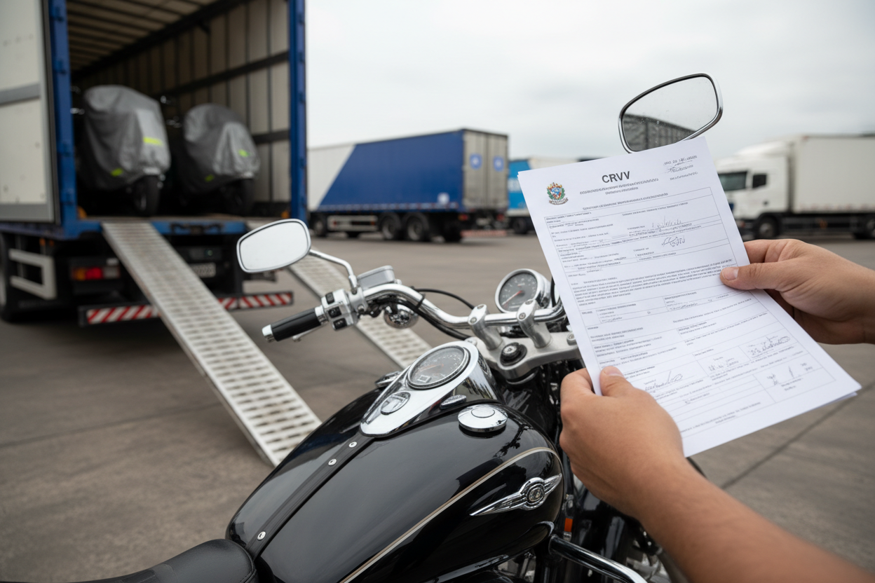 Mãos verificando documento CRLV de motocicleta antes de carregar em caminhão de transporte
