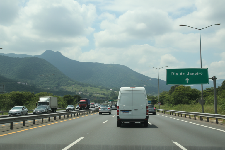 Van de carga em rodovia com placa indicando Rio de Janeiro e serra ao fundo