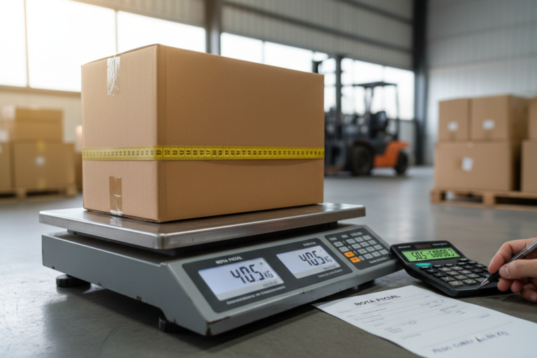 Fita métrica medindo caixa de papelão sobre balança industrial, com calculadora e nota fiscal, representando o cálculo do frete