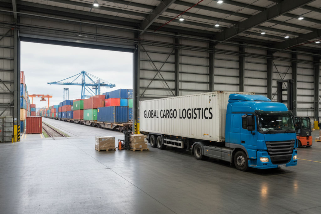 Caminhão de carga rodoviário em galpão de logística industrial, representando os modais de transporte de carga