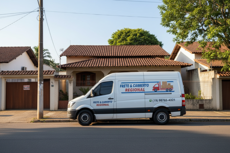Van de transporte de carga estacionada em frente a casa em bairro residencial, representando frete e carreto para Araras