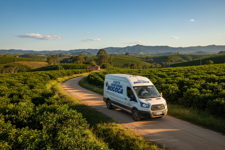 Van de transporte de carga em estrada rural cercada de cafezais, representando frete regional para Mococa