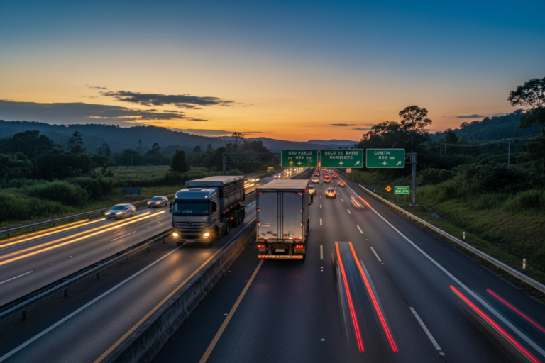 Caminhão de carga em rodovia brasileira ao entardecer, representando frete interestadual para todo o Brasil