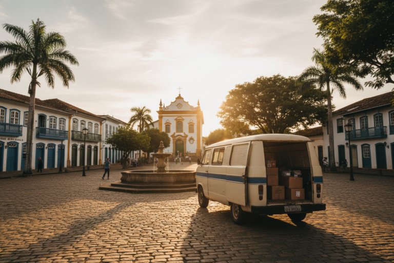 Van de transporte de carga estacionada em praça de cidade pequena do interior de São Paulo
