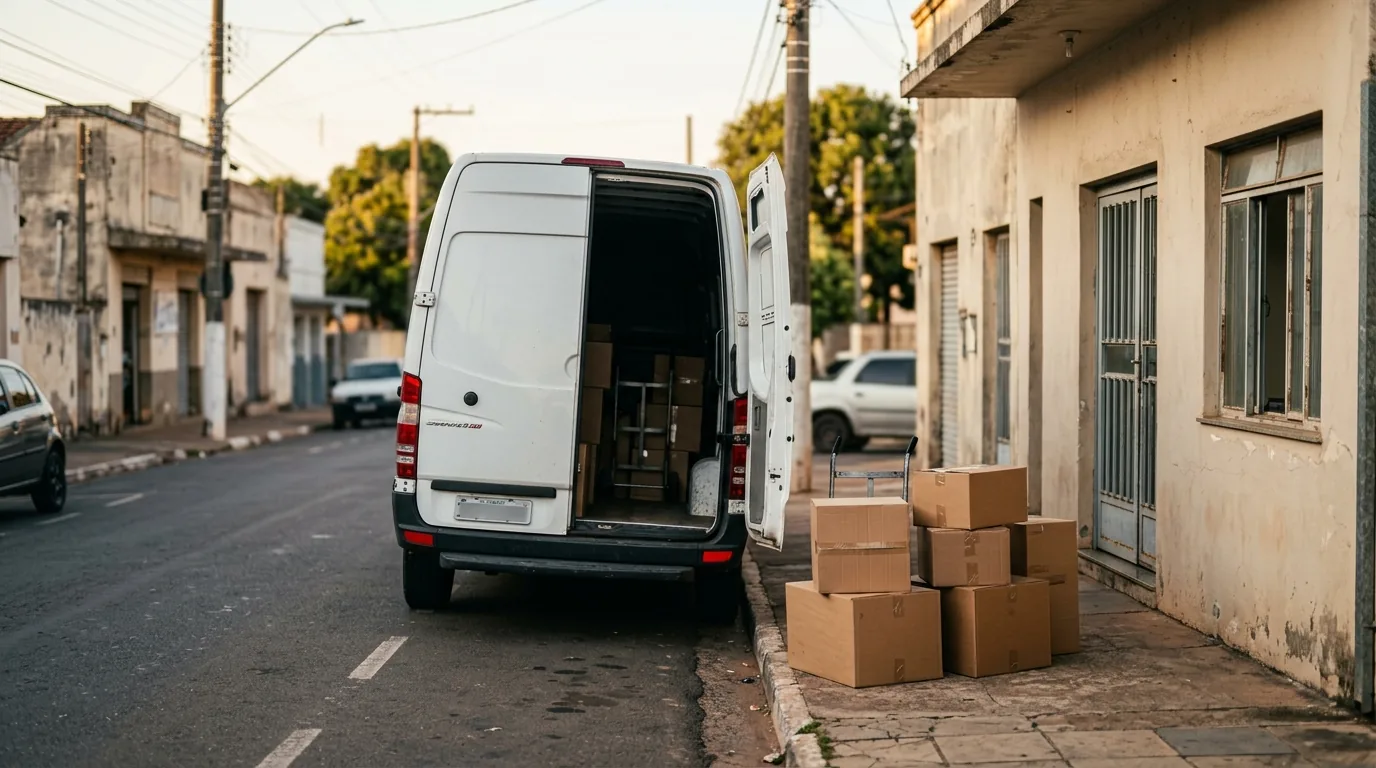 Van entregando caixas em frente a um comércio na região de Mogi Guaçu, transporte de carga fracionada