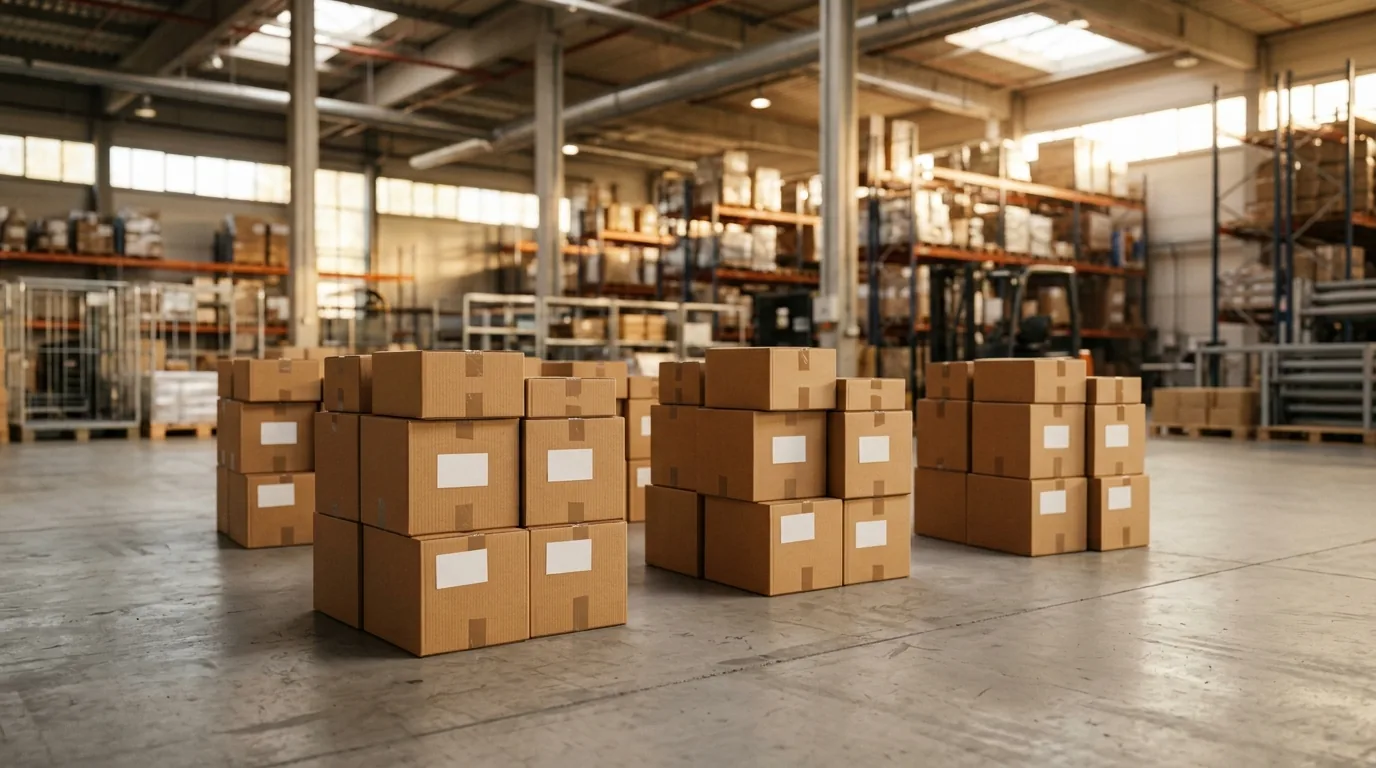 Caixas de mercadoria separadas por destino no depósito, prontas para transporte de carga fracionada em Mogi Guaçu, Mogi Mirim e região