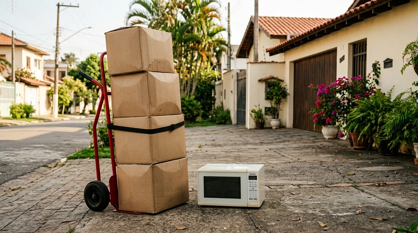Caixas em carrinho de carga e um micro-ondas prontos para o carreto em Mogi Guacu e regiao