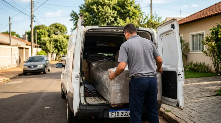 Carregador colocando um sofa embalado na van para carreto barato em Mogi Guacu e regiao