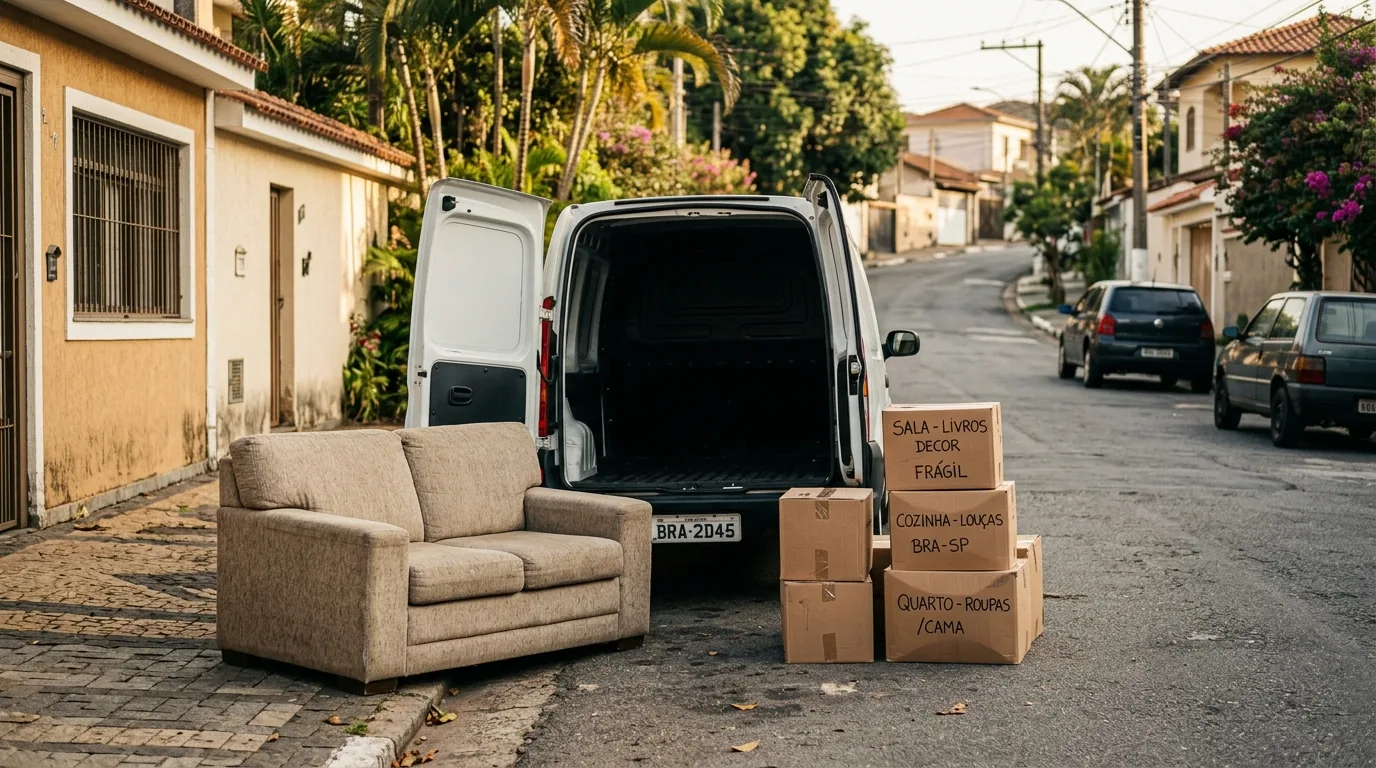Sofa e caixas rotuladas por comodo ao lado da van, prontos para o carreto em Mogi Guacu