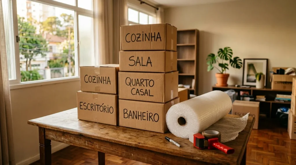Caixas de mudanca etiquetadas por comodo com plastico bolha e fita, prontas para embalar uma mudanca em Mogi Guacu e regiao
