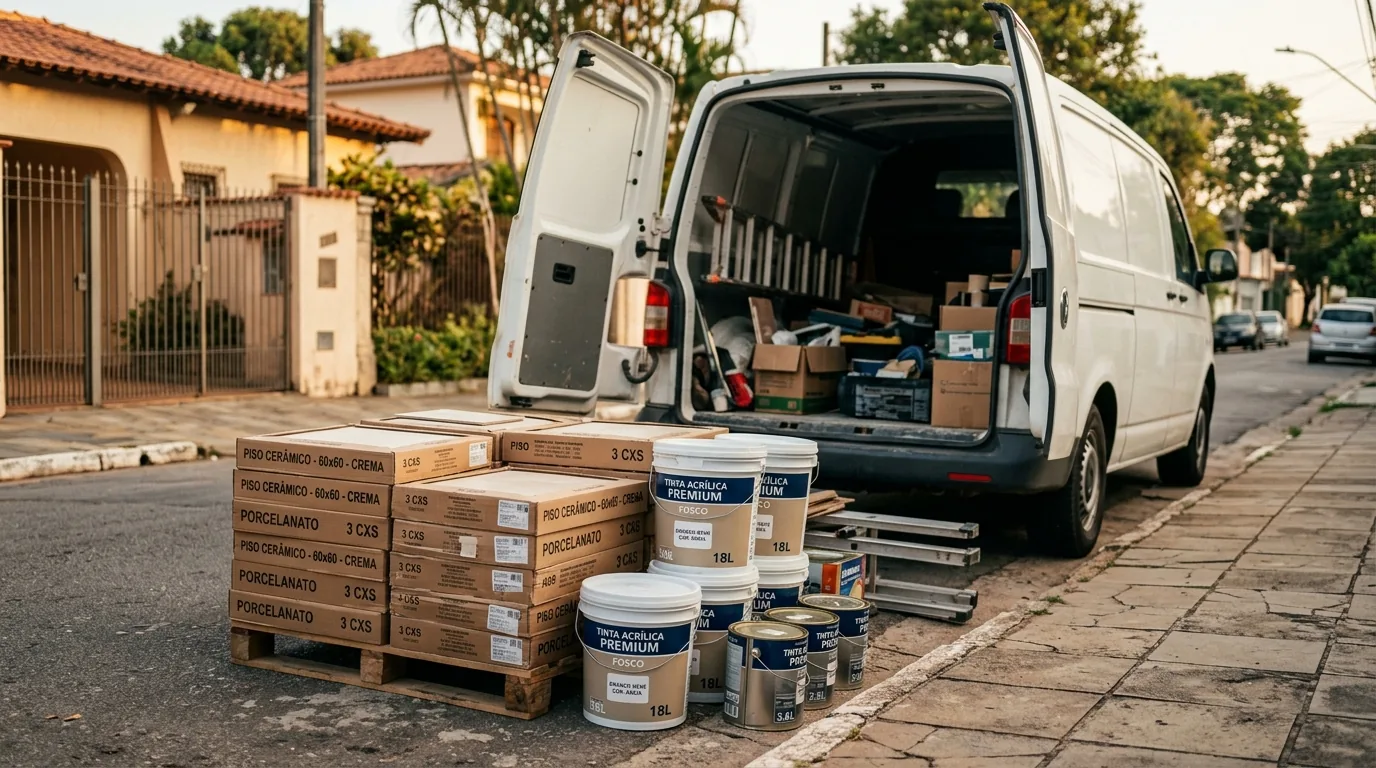 Caixas de piso cerâmico e latas de tinta ao lado da van para disk frete de material de reforma em Mogi Guaçu, Mogi Mirim e região