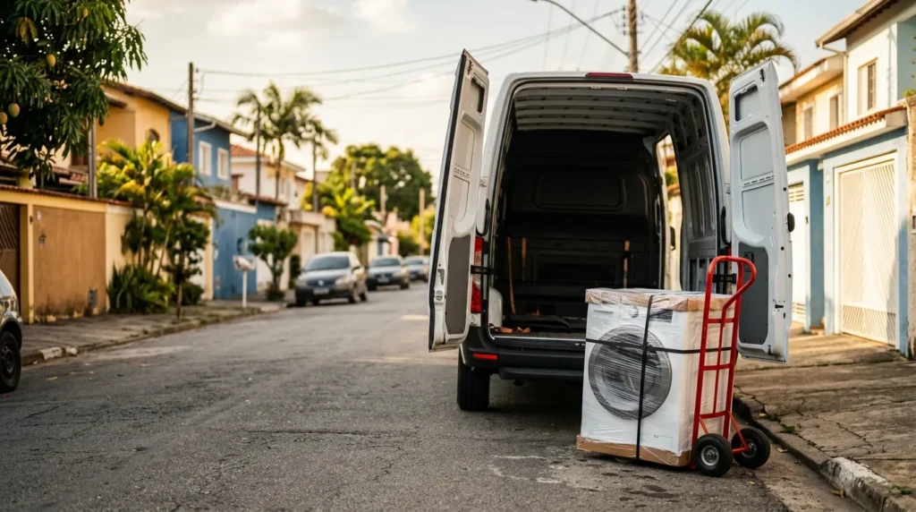 Van aberta e eletrodoméstico no carrinho prontos para um disk frete rápido em Mogi Guaçu, Mogi Mirim e região