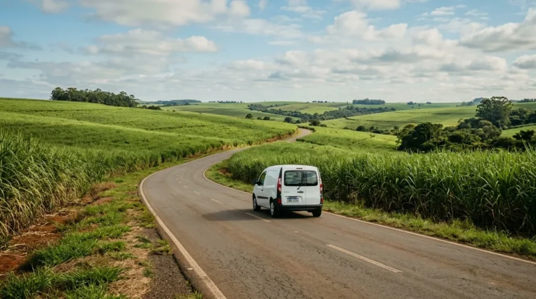 Van de fretes e carretos rodando por uma estrada rural na regiao de Mogi Guacu, Mogi Mirim e cidades vizinhas