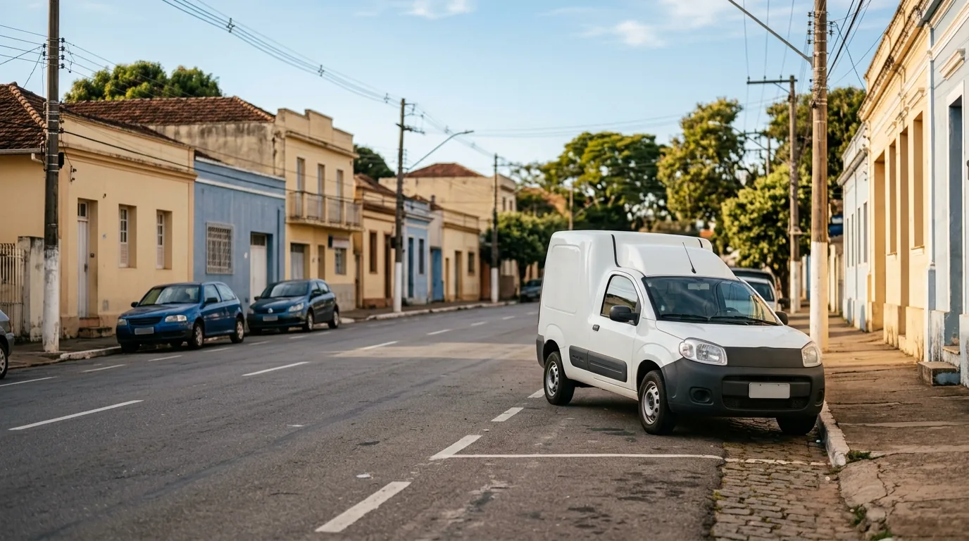 Van de fretes e carretos estacionada na rua de uma cidade vizinha na regiao de Mogi Guacu