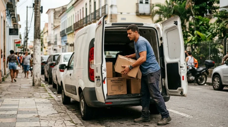 Carregador colocando caixas e um eletrodoméstico em van compacta para frete pequeno em Mogi Guaçu