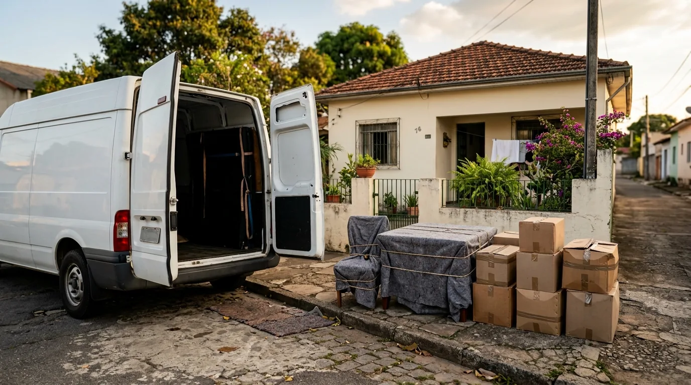 Moveis embalados e caixas sendo descarregados da van em frente a uma casa numa cidade da regiao de Mogi Guacu
