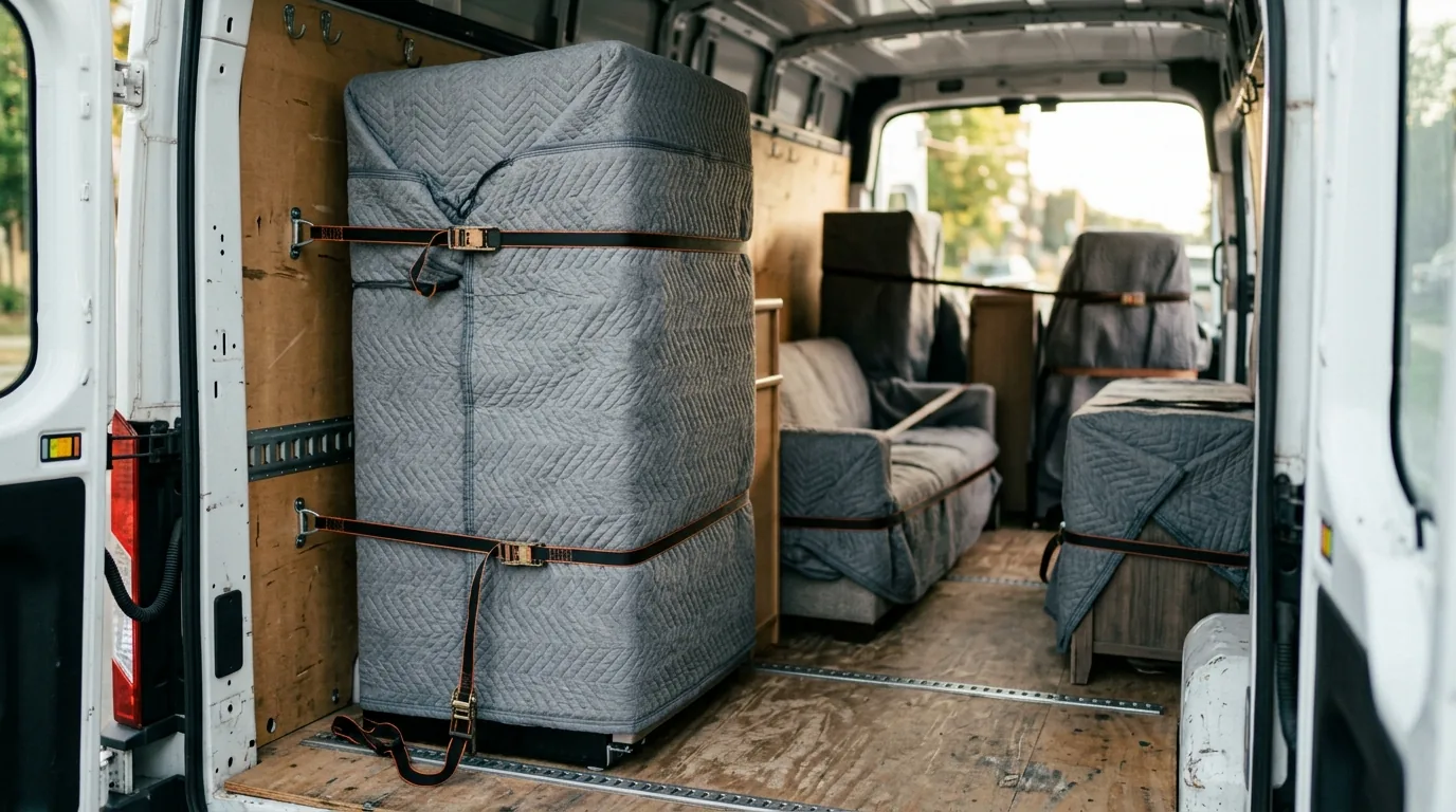 Carga organizada e presa em pe dentro da van, com sofa e moveis protegidos, transportadora em Mogi Guacu