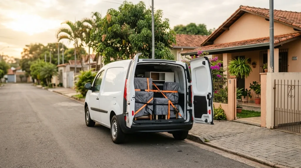 Van de transportadora carregada com moveis protegidos em frente a uma casa em Mogi Guacu e regiao