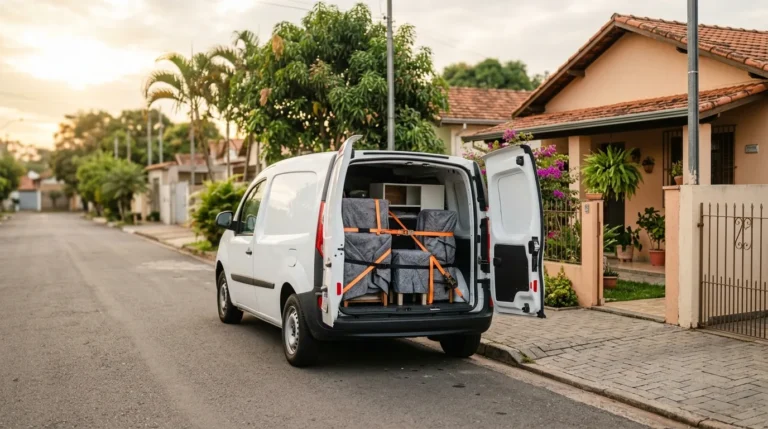 Van de transportadora carregada com moveis protegidos em frente a uma casa em Mogi Guacu e regiao