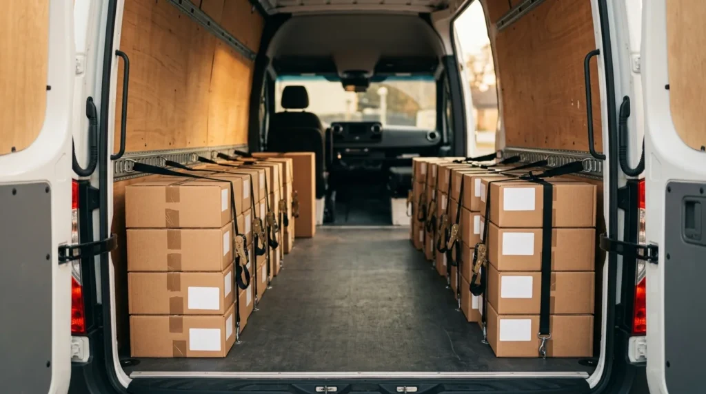 Van organizada com caixas separadas por entrega para transporte de carga fracionada em Mogi Guaçu, Mogi Mirim e região