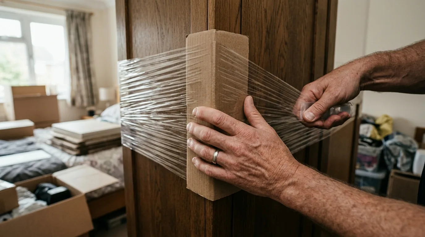 Mãos embalando a quina de um guarda-roupa com papelão e filme plástico para transporte de móveis