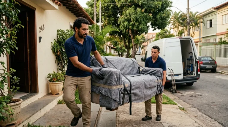 Carregadores levando um sofá protegido até a van em serviço de transporte de móveis em Mogi Guaçu e região
