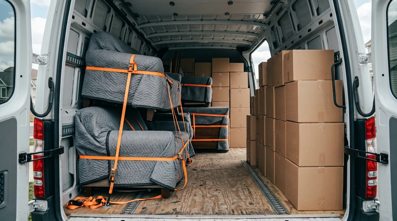 Van de mudança carregada com móveis protegidos por mantas e cintas para transporte em Mogi Guaçu e região