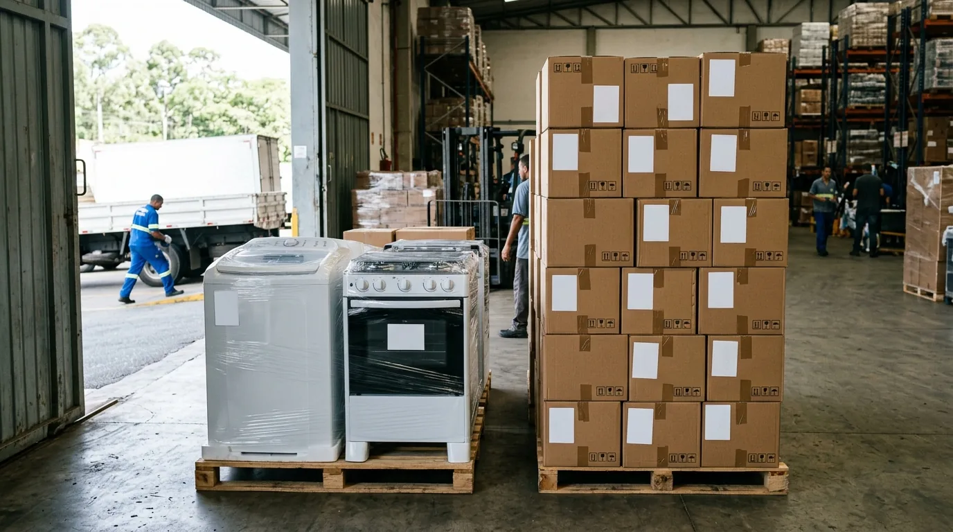 Caixas de mercadoria, máquina de lavar e fogão prontos para transporte de carga não perigosa em Mogi Guaçu