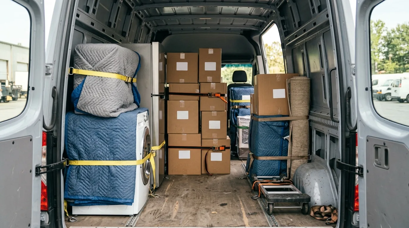 Interior da van com caixas e eletrodomésticos presos em ordem com cinta para a rota de entrega