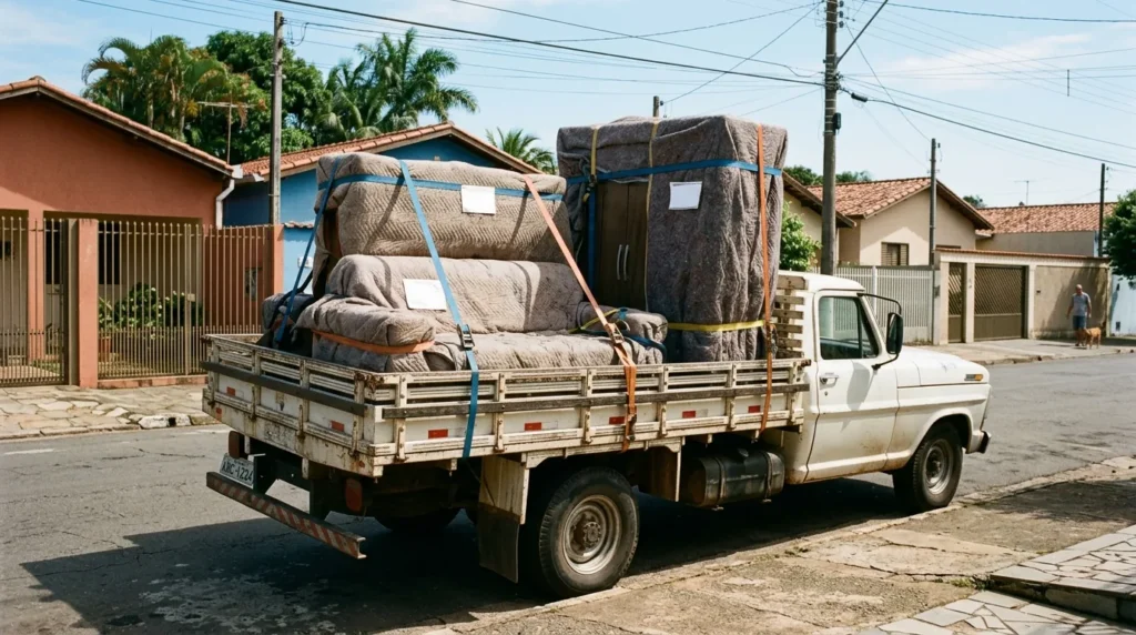 Caminhão de carreto carregado com sofá e guarda-roupa presos com cinta para transporte em Itapira e região