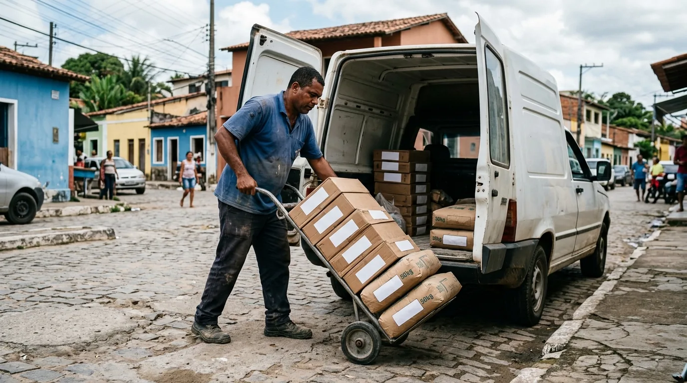 Trabalhador carregando caixas de piso e sacos de cimento na van para carreto de material de construção em Mogi Guaçu, Mogi Mirim e região
