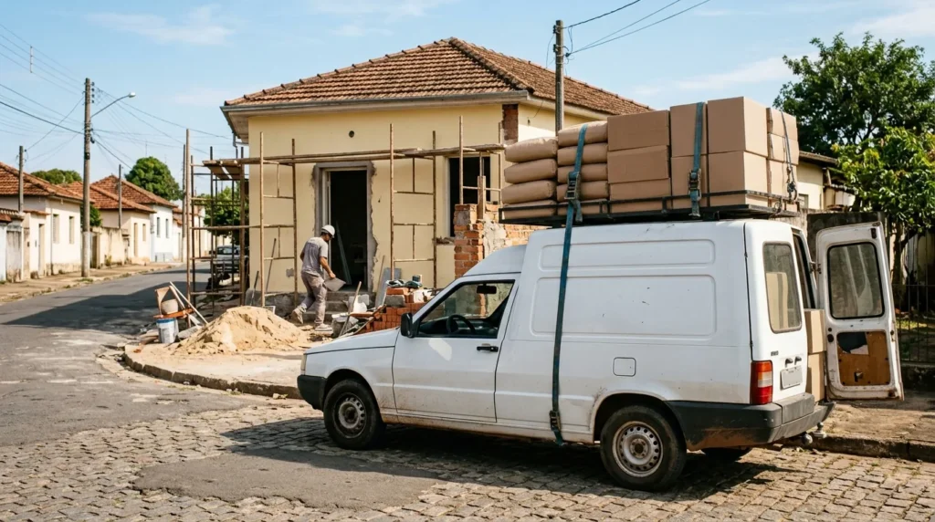 Van carregada com sacos de cimento, caixas de piso e latas de tinta presas com cinta para carreto de material de construção em Mogi Guaçu, Mogi Mirim e região