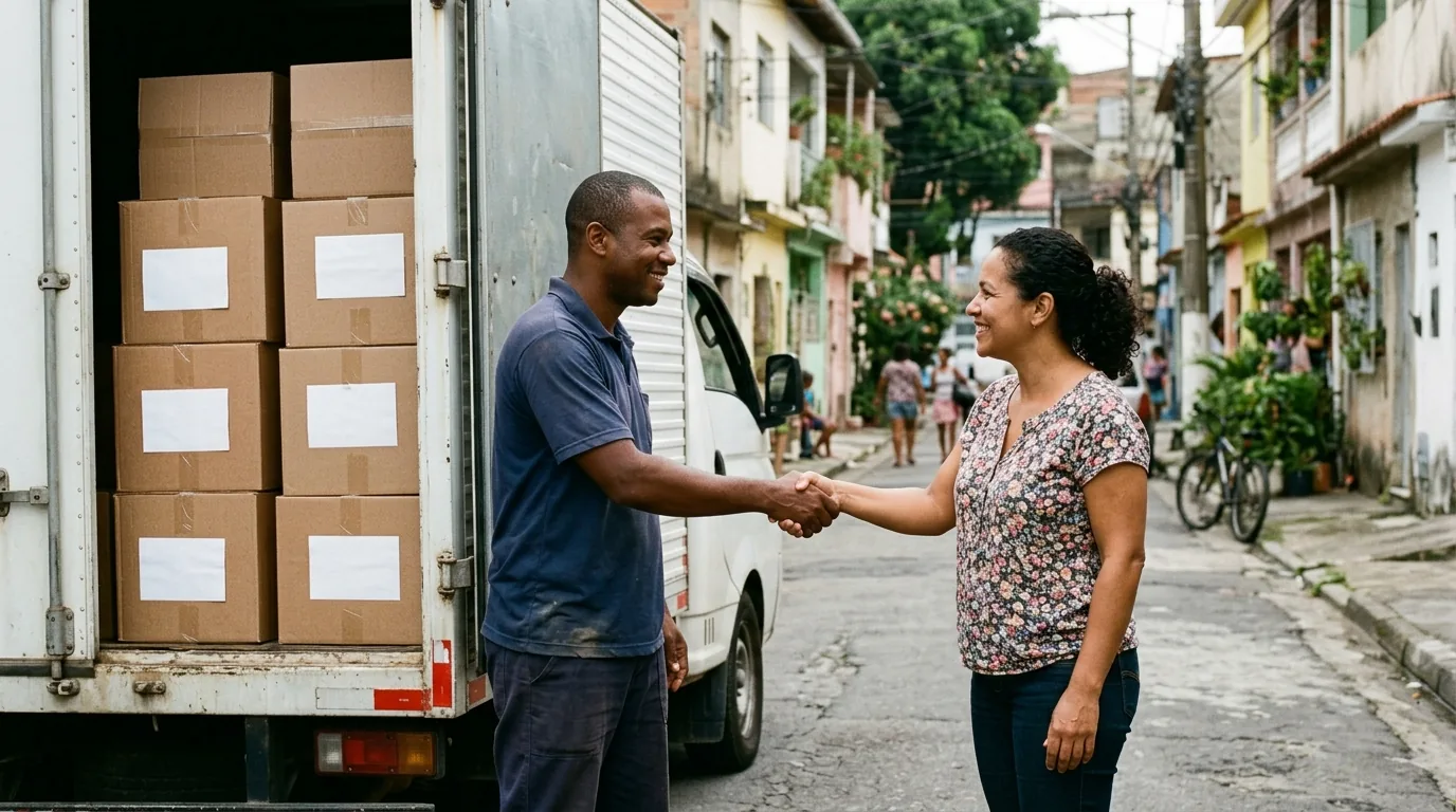 Carreteiro e cliente combinando o serviço ao lado do caminhão com caixas, atendimento direto em Mogi Guaçu
