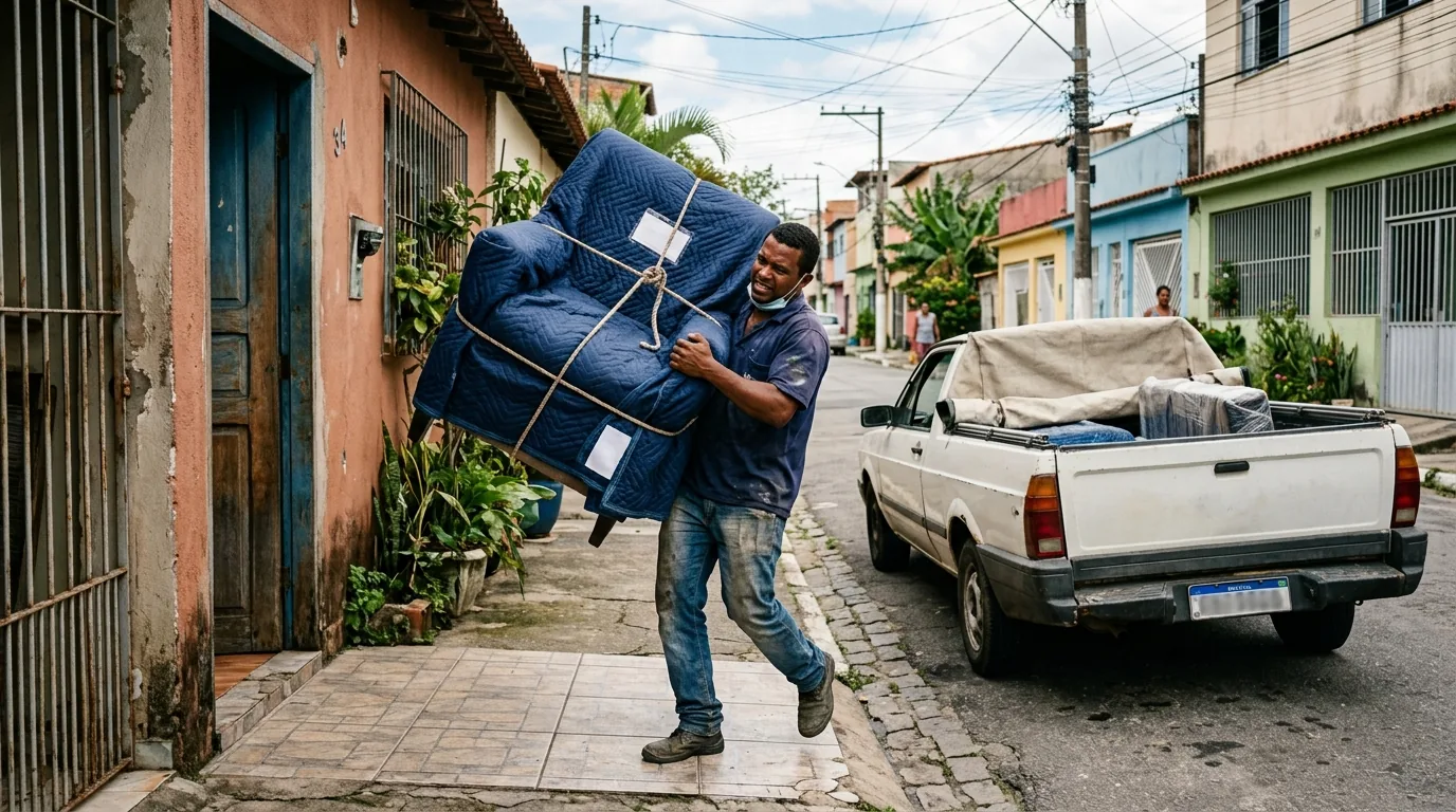 Trabalhador carregando poltrona embalada da casa para o caminhão num carreto em Mogi Guaçu e região